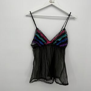 Vintage 80s Black Ruffle Lingerie Tank Top Negligee Sheer Made in USA